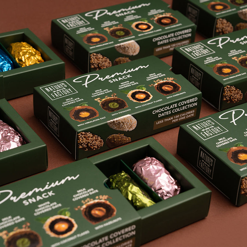 Assorted box of Nature’s Own Factory buckwheat chocolate covered dates – healthy snack, 4 in each pack, 30g