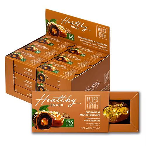 Bulk box of Nature’s Own Factory buckwheat milk chocolate covered dates with hazelnuts – healthy snack, 130 calories per pack, 30g