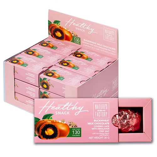 Bulk box of Nature’s Own Factory buckwheat milk chocolate covered dates with Himalayan pink salt – healthy snack packs, 130 calories each, 30g