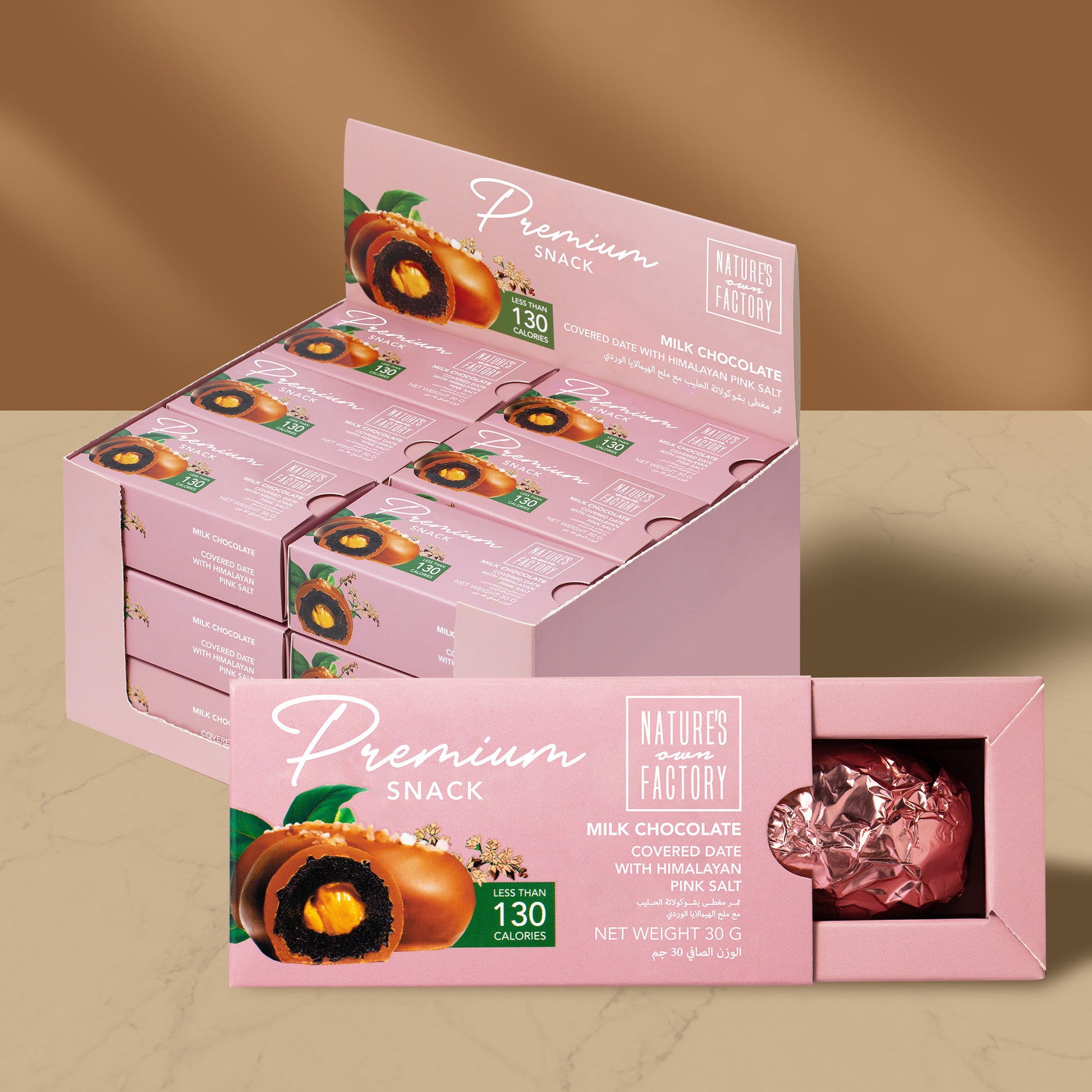 Natures own Factory chocolate covered date with himalayan pink salt 18 X pack, packaging on a brown background