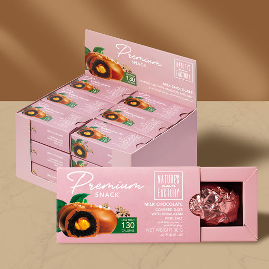 Natures own Factory chocolate covered date with himalayan pink salt 18 X pack, packaging on a brown background