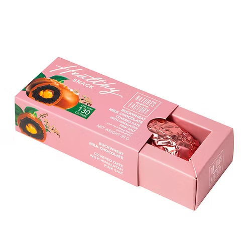 Nature’s Own Factory buckwheat milk chocolate date with Himalayan pink salt – healthy snack with pink wrapping, open box, 30g