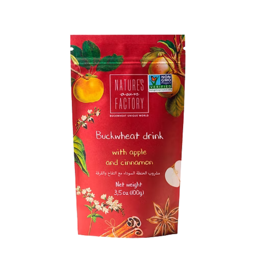 Nature's Own Factory buckwheat tea with apple and cinnamon, package with branding on a white background