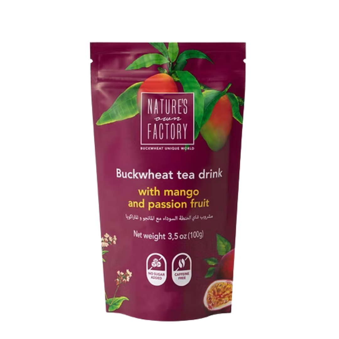 Nature's Own Factory buckwheat tea with mango and passion fruit, package with branding on a white background