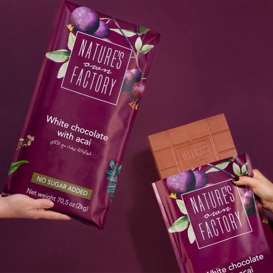Nature’s Own Factory White Chocolate with Acai 2KG bar and packaging no added sugar, 118 kcal healthy chocolate.