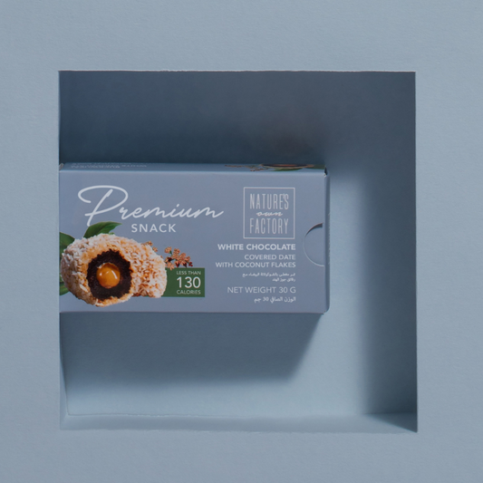 Natures own Factory chocolate covered date with coconut flakes, packaging on a blue background