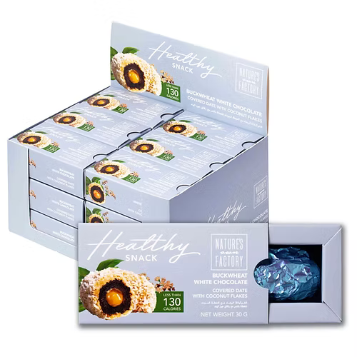 Bulk box of Nature’s Own Factory buckwheat white chocolate covered dates with coconut flakes – 130 calorie healthy snack packs, 30g