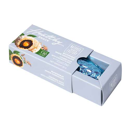 Nature’s Own Factory buckwheat white chocolate covered date with coconut flakes – healthy snack, open box with blue wrapping, 30g