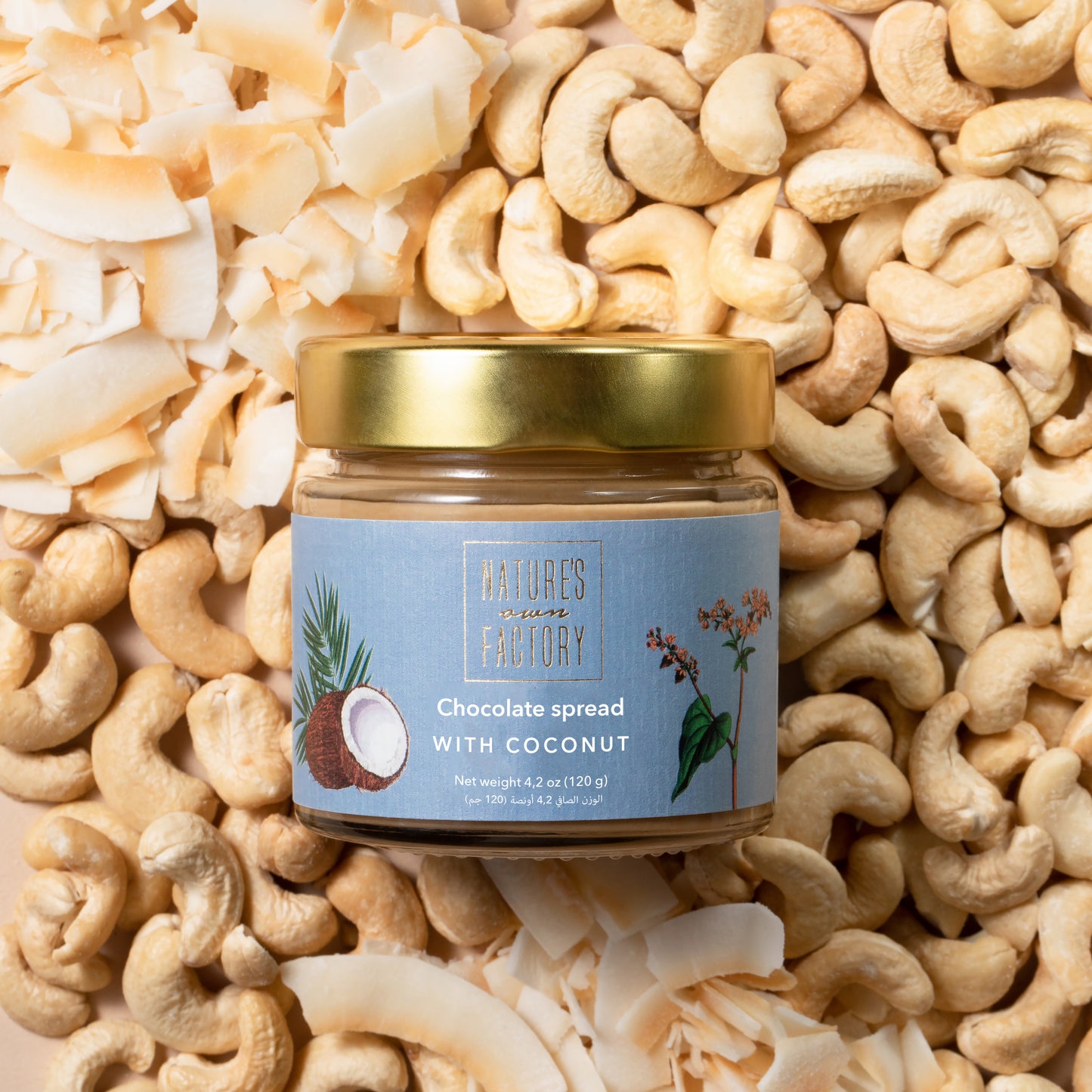 Nature’s Own Factory Chocolate Spread with Coconut jar placed on a bed of cashew nuts and coconut flakes. Natural, handcrafted chocolate spread made in the UAE.