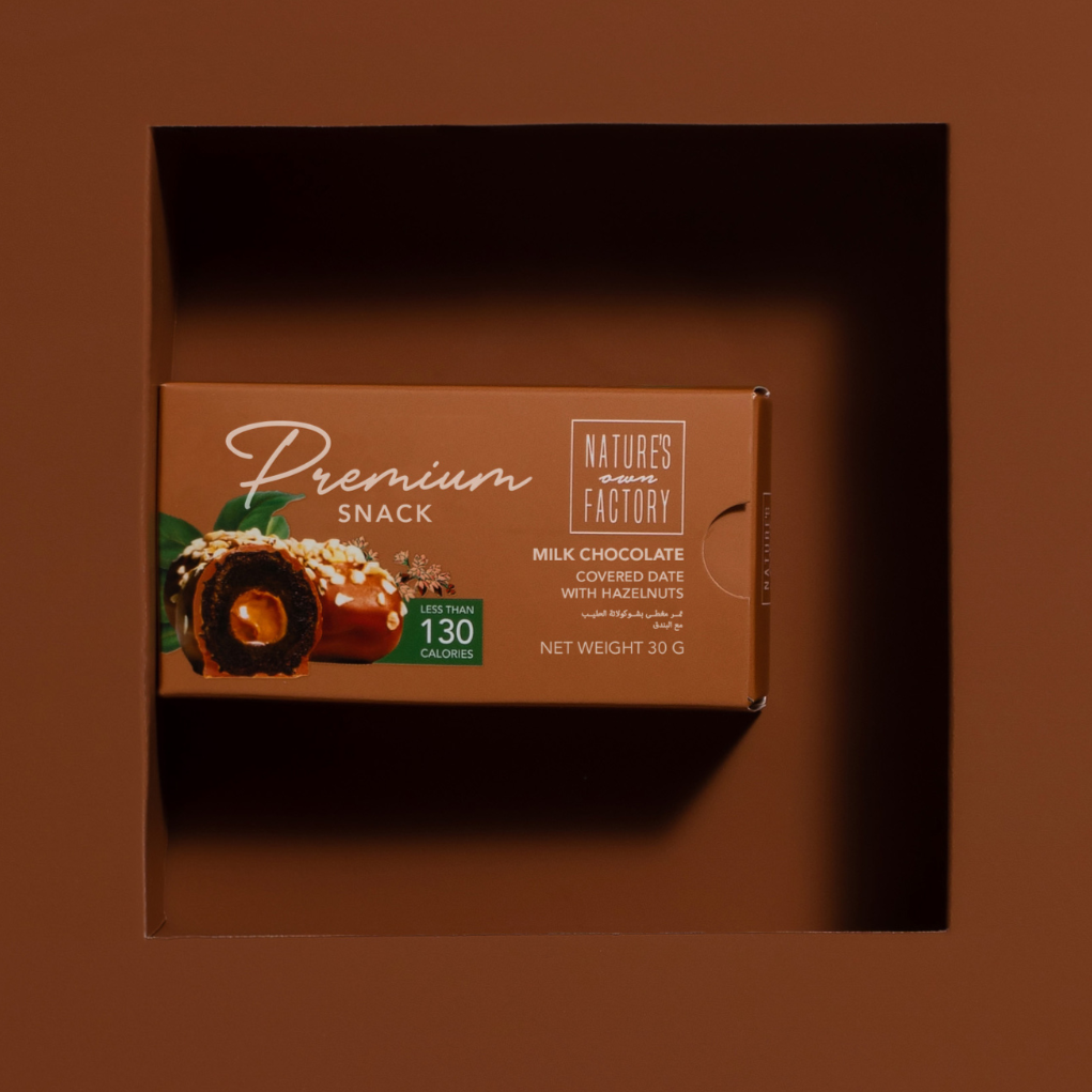 Chocolate covered dates filled with hazelnuts in Premium Packaging