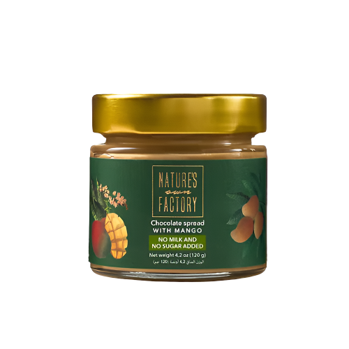 Nature’s Own Factory chocolate spread with mango – 120g jar, no milk, no added sugar, made with natural ingredients