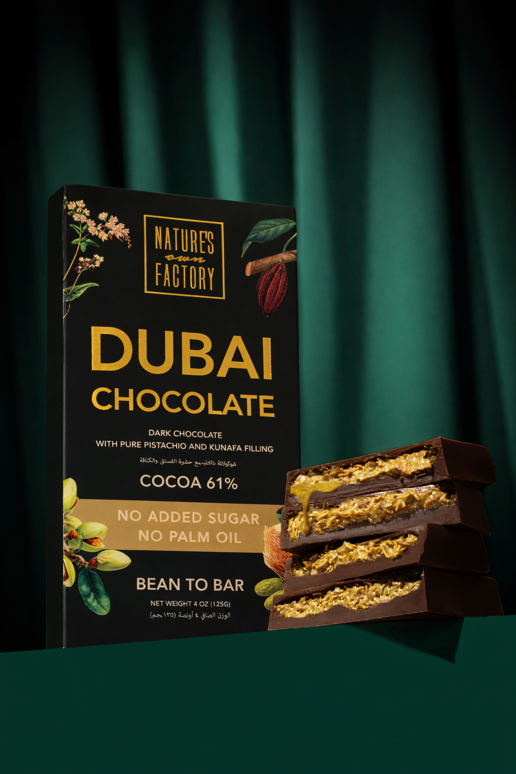 Dubai Dark Chocolate 61% Cocoa with Pistachio and Kunafa Filling