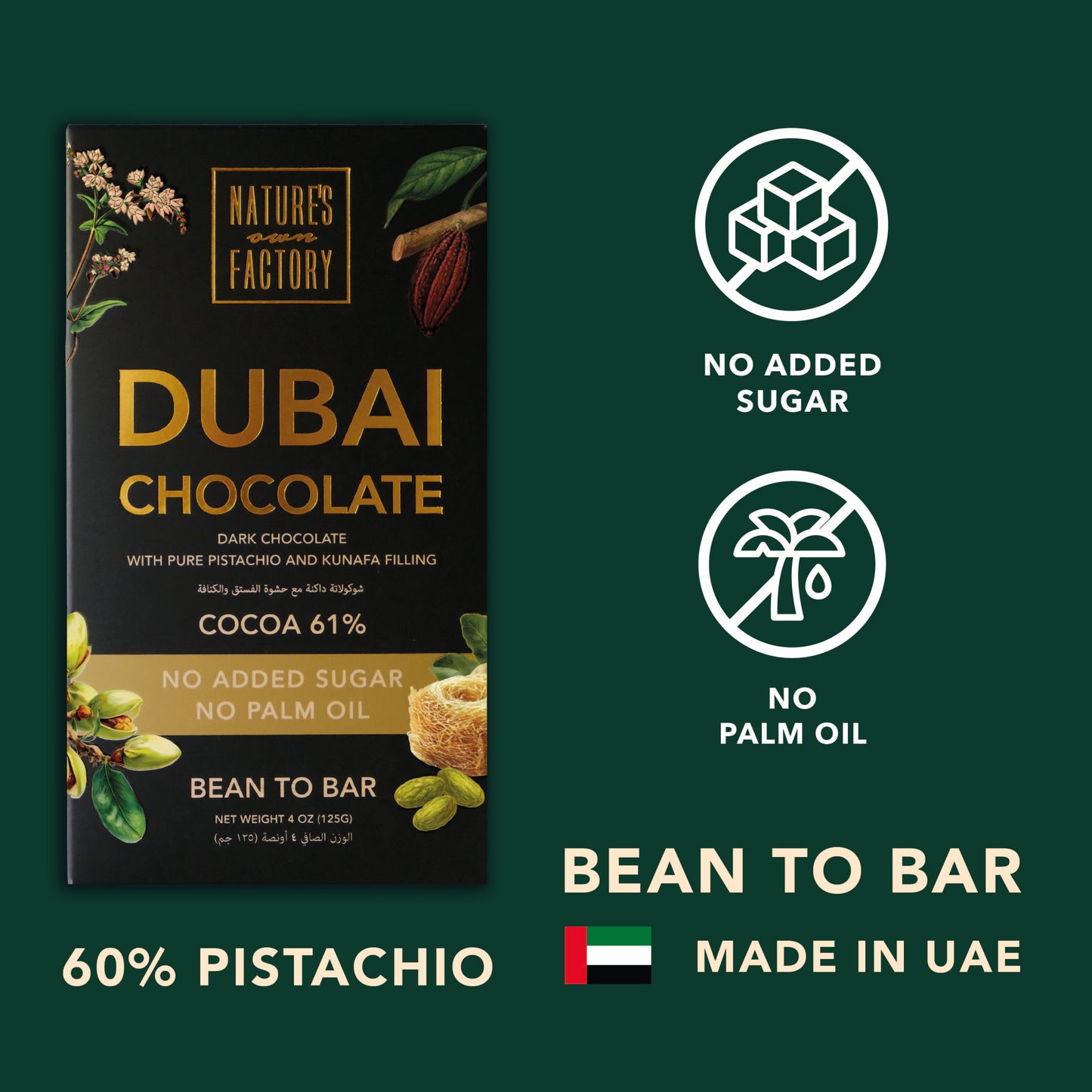 Dubai Dark Chocolate 61% Cocoa with Pistachio and Kunafa Filling