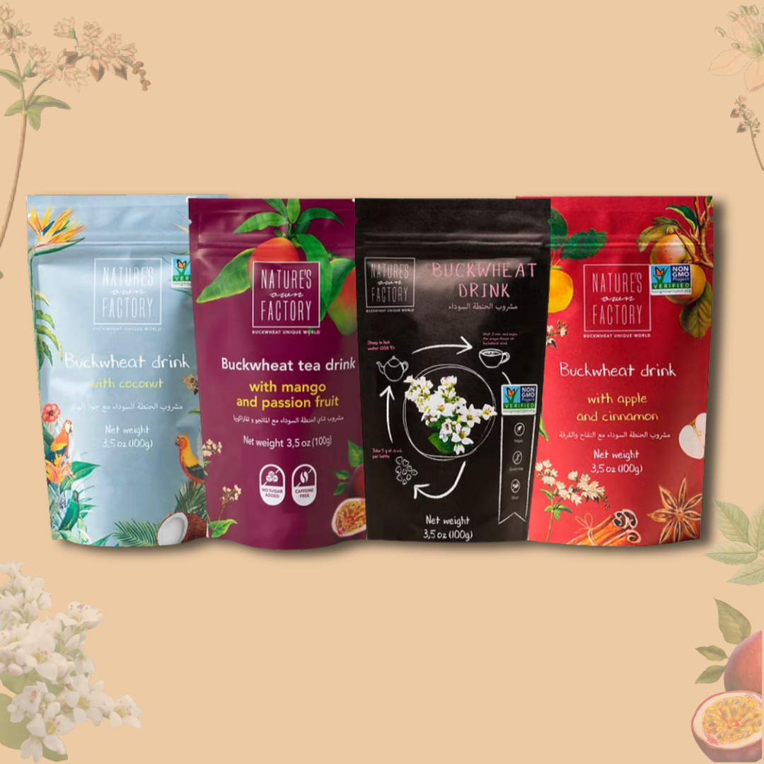 Four packages of Natures Own Factory buckwheat tea on a beige background with floral elements.