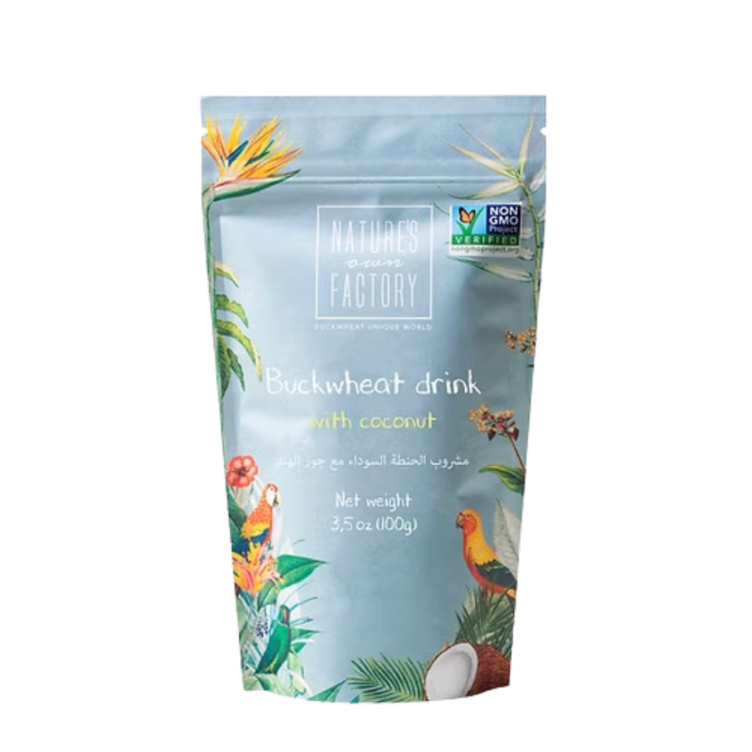 Nature's Own Factory buckwheat tea with coconut, package with branding on a white background