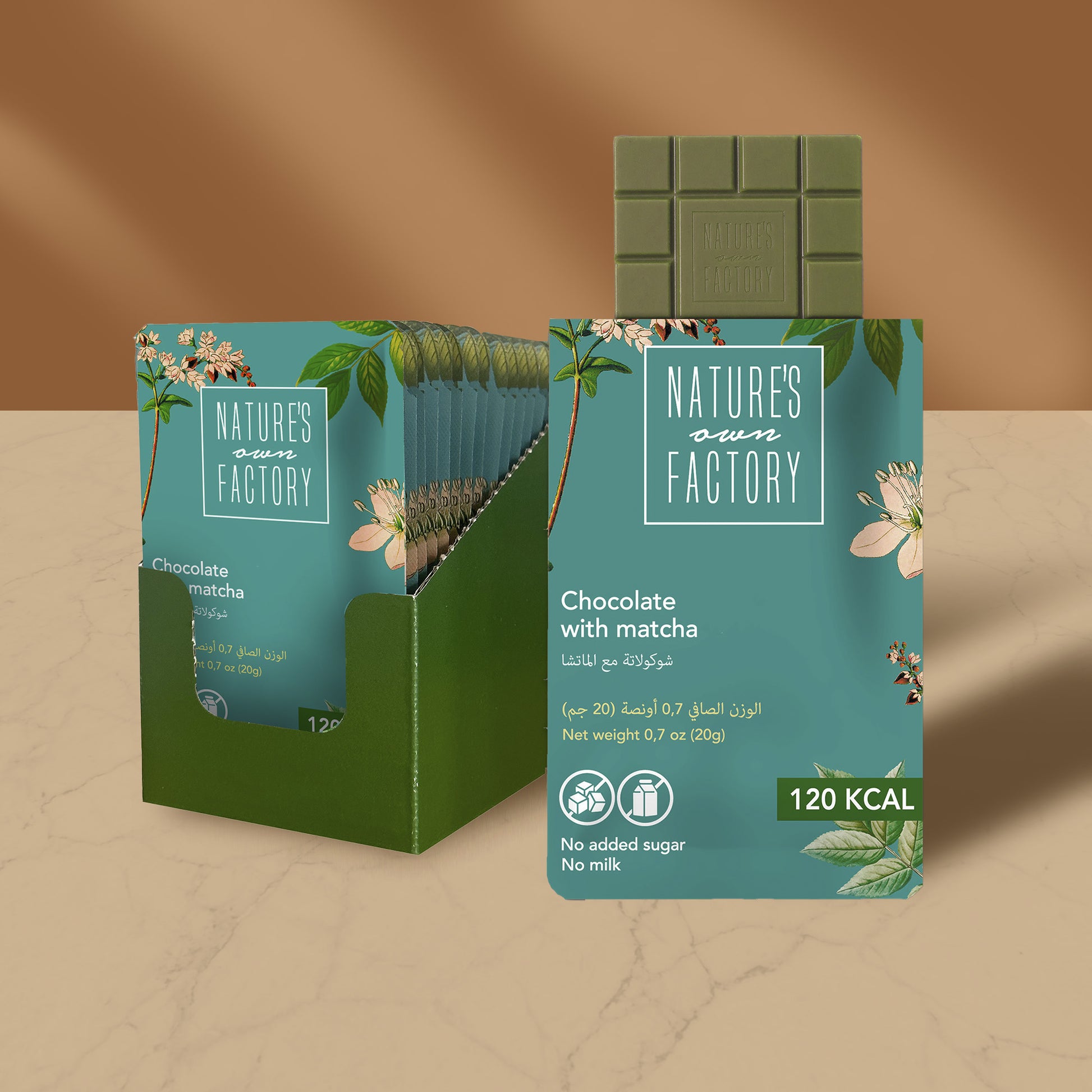 Nature's Own Factory chocolate with matcha bar packaging with a beige background