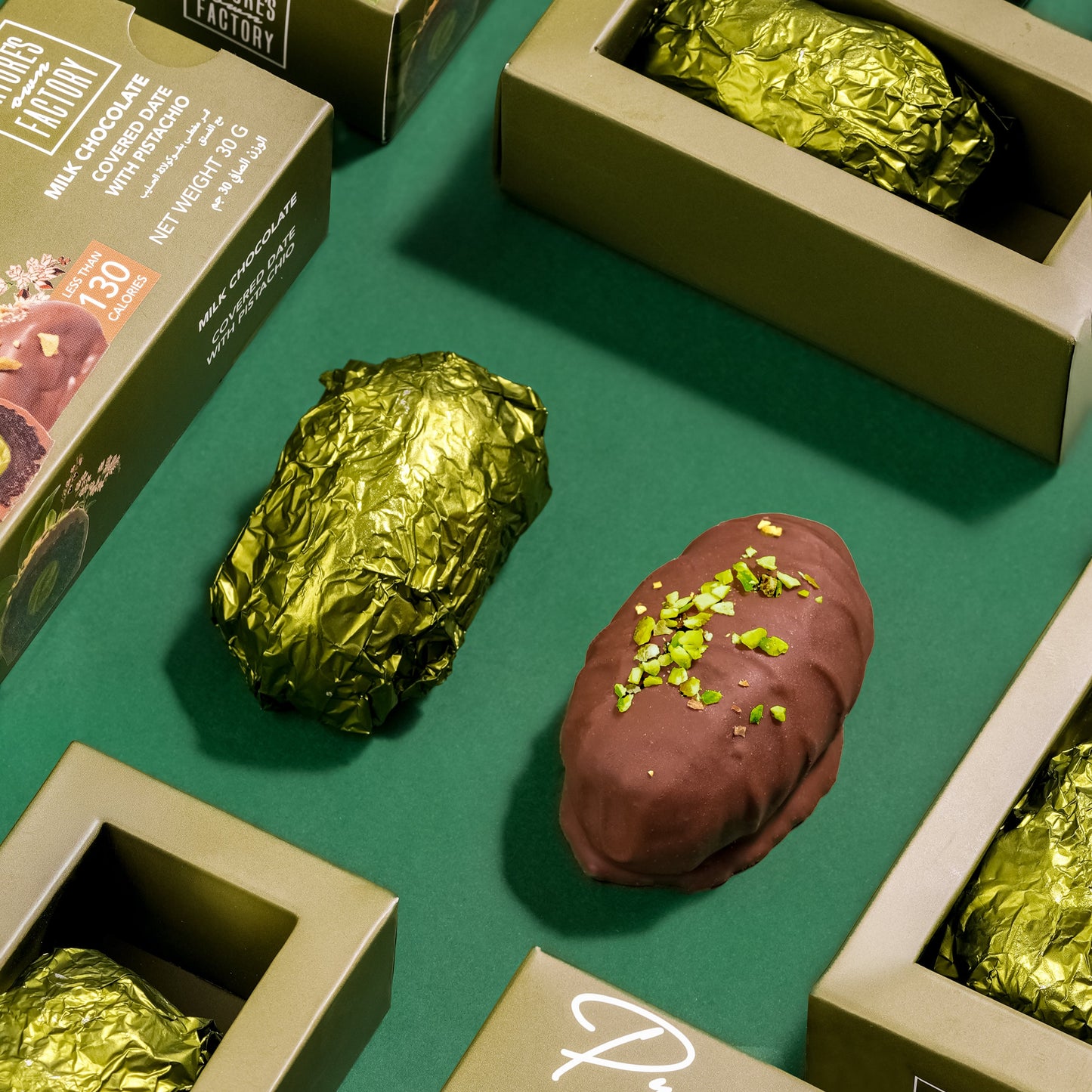 Chocolate covered dates filled with pistachio