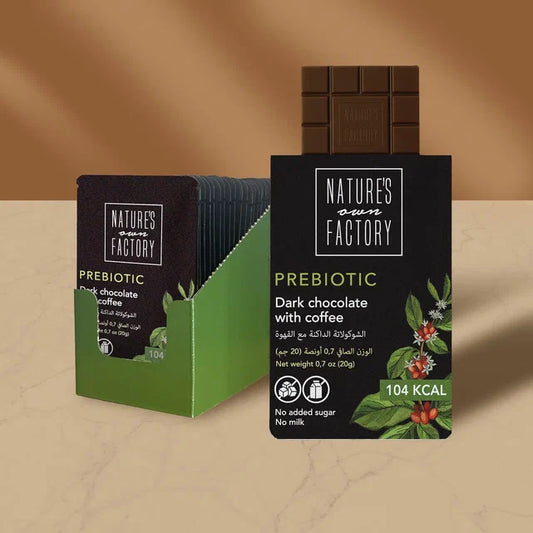 Nature's Own Factory prebiotic dark chocolate with coffee 24xpack, packaging on a beige background