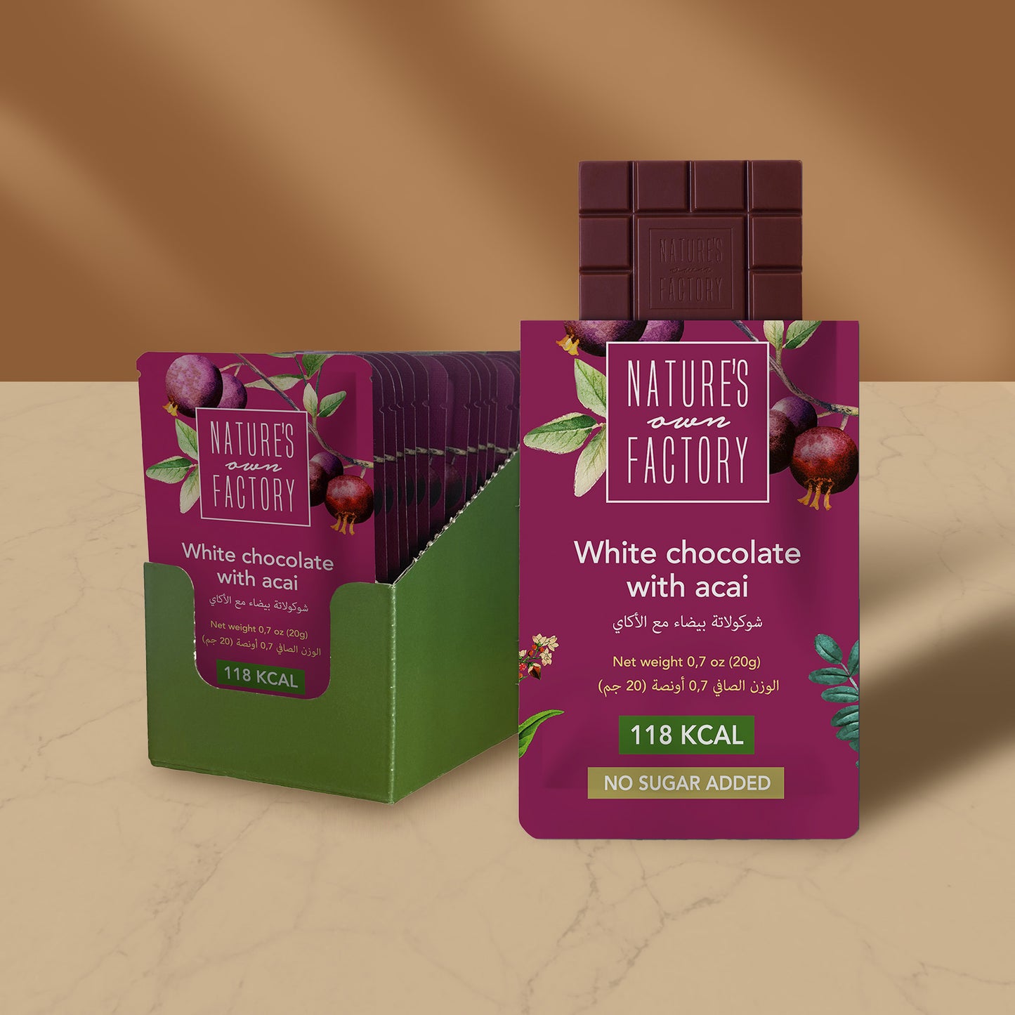 Nature's Own Factory white chocolate with acai 24xpack, packaging on a beige background.